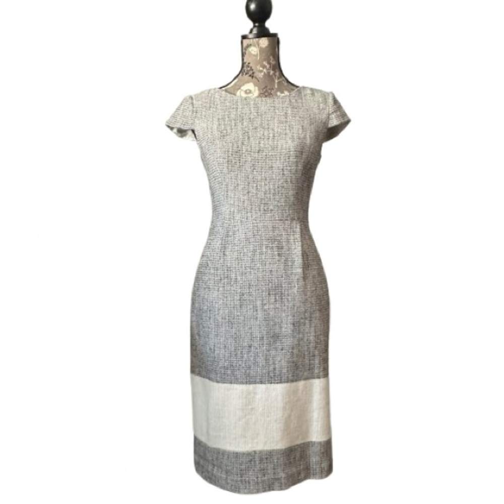 Kay Unger Chick Women's Sz.4 Gray Black &  Ivory Short Sleeves Lined Midi Dress